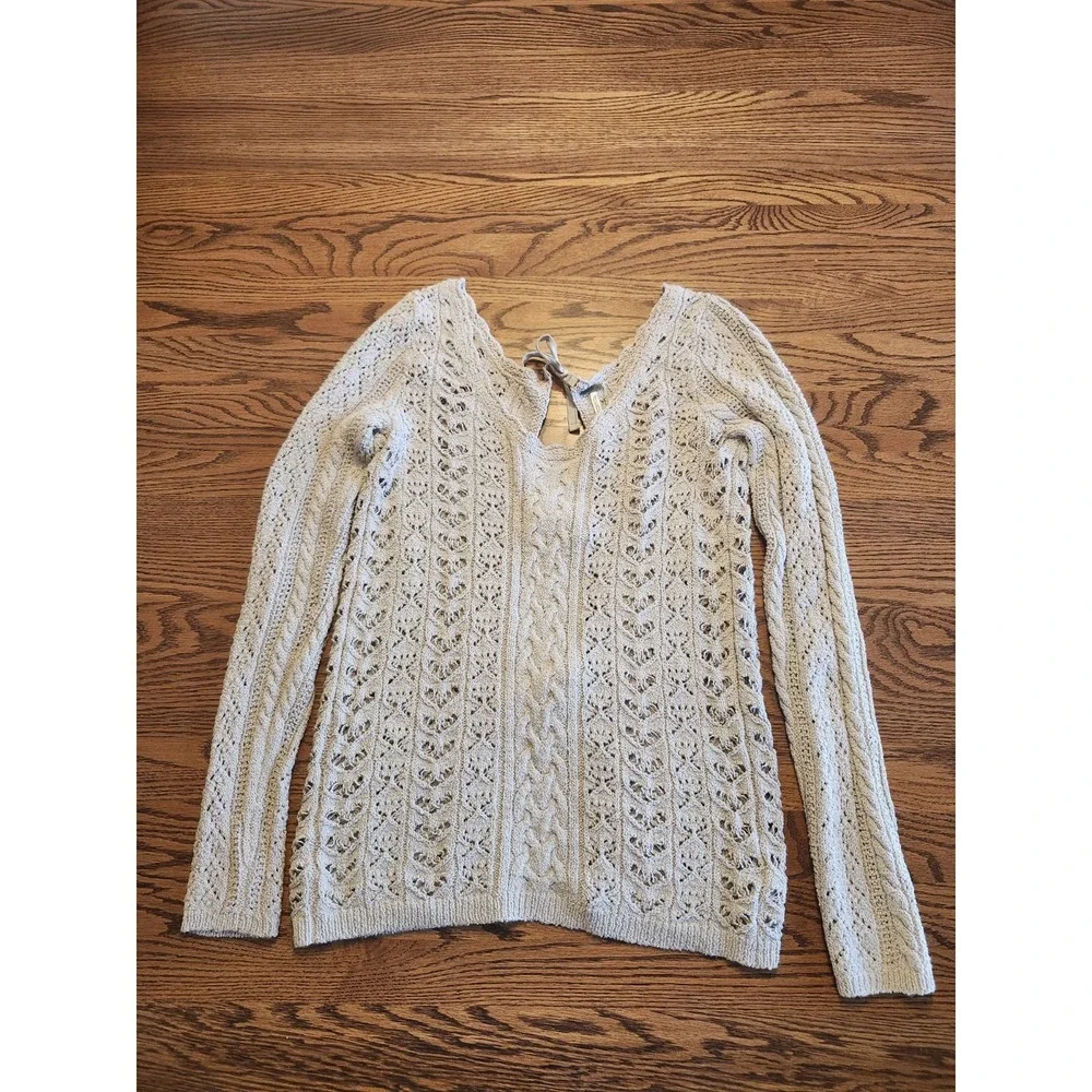 Free People Cable Knit Sweater Womens Size Large Beige Open Back Bow Lightweight